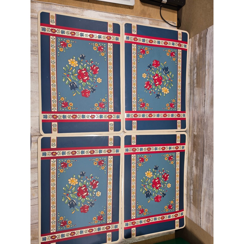 Town & Country Luxe Folk Art Floral Vinyl Placemats Blue Red Set of‎ 4 10881VPM